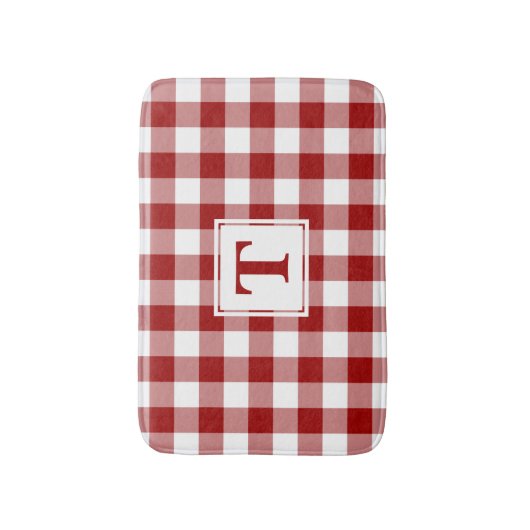 Rood Wit Gingham Plaid Patroon met Monogram Badmat (Voorkant Verticaal)