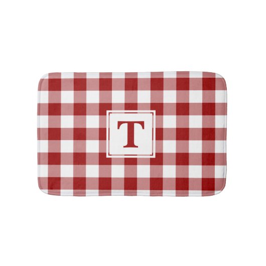 Rood Wit Gingham Plaid Patroon met Monogram Badmat (Voorkant)