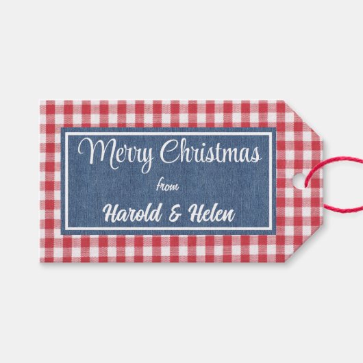 Rood & Wit Gingham Plaid Vrolijk Kerstfeest Cadeaulabel (Voorkant (Horizontaal))