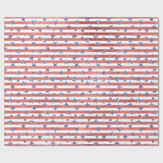 Rood Wit Glitter Blauwe Sterren Strepen Cadeaupapier (Vlak)