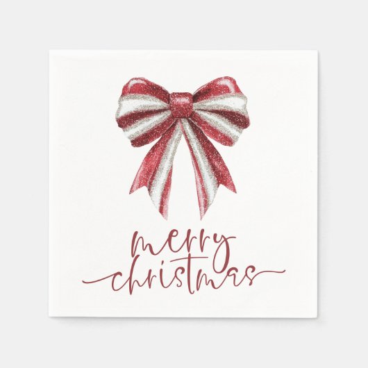 Rood Wit Glitter Bow Vrolijk Kerstfeest Servet (Voorkant)
