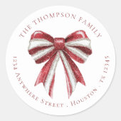 Rood Wit Glitter Coquette Bow Retournaam Adres Ronde Sticker (Voorkant)