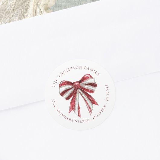 Rood Wit Glitter Coquette Bow Retournaam Adres Ronde Sticker