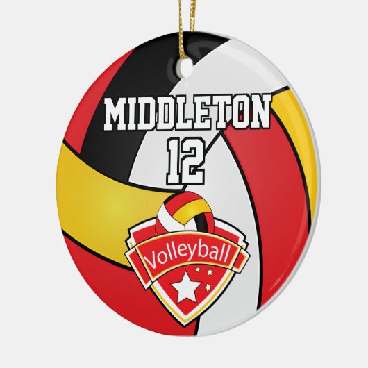 Rood, wit, goud en zwarte volleybal keramisch ornament (Links)