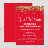 Rood Wit & Goud Glitter 40e Verjaardagsfeestje Vee Kaart (Voorkant / Achterkant)