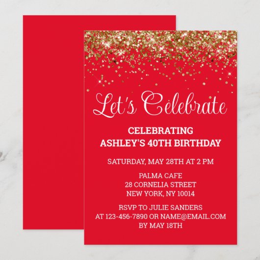 Rood Wit & Goud Glitter 40e Verjaardagsfeestje Vee Kaart (Voorkant / Achterkant)