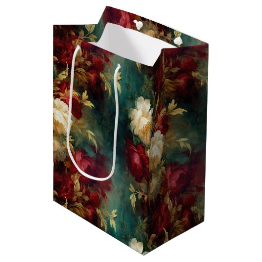 Rood Wit Goud Groen Bloemen Medium Cadeauzakje (Voorkant Gekanteld)