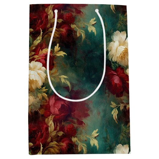 Rood Wit Goud Groen Bloemen Medium Cadeauzakje (Voorkant)