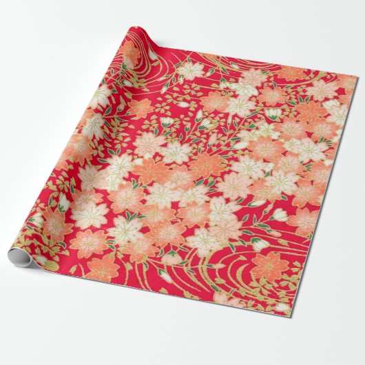Rood Wit Goud Japans Kimono Bloemen Decoupage Cadeaupapier (Uitgerold)