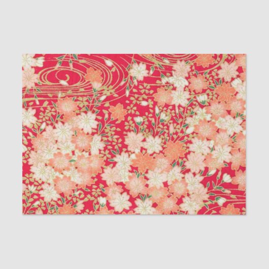 Rood Wit Goud Japans Kimono Bloemen Decoupage Tissuepapier (Voorkant)