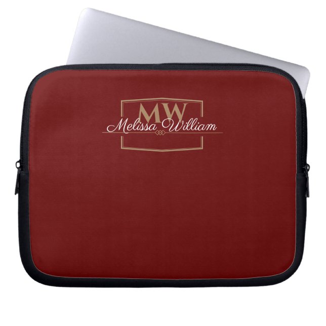 Rood Wit Goud Monogram Naam Script Laptop Sleeve (Voorkant)