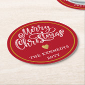 Rood Wit Goud Vrolijk Kerstfeest Ronde Kartonnen Onderzetter (Gebogen)