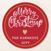 Rood Wit Goud Vrolijk Kerstfeest Ronde Kartonnen Onderzetter (Voorkant)