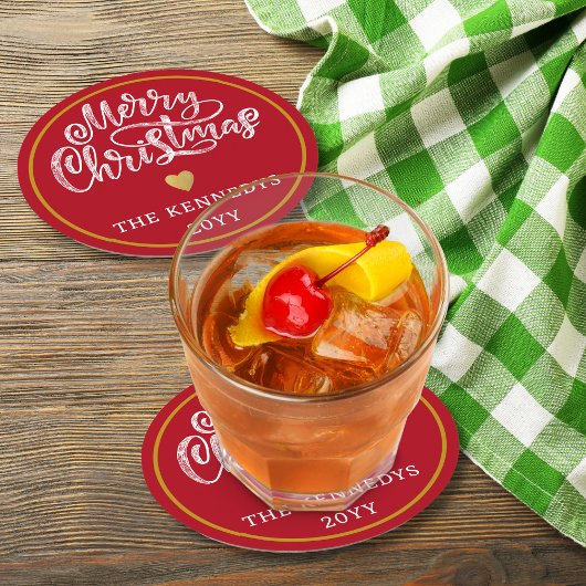 Rood Wit Goud Vrolijk Kerstfeest Ronde Kartonnen Onderzetter