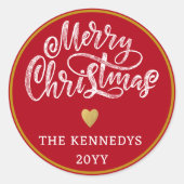 Rood Wit Goud Vrolijk Kerstfeest Ronde Sticker (Voorkant)