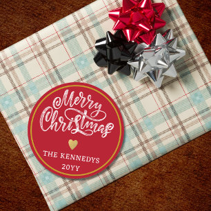 Rood Wit Goud Vrolijk Kerstfeest Ronde Sticker