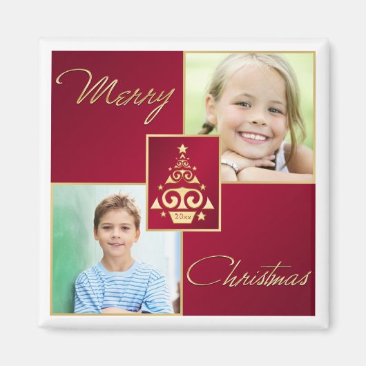 Rood, wit, gouden kerstboom Foto Magnet (Voorkant)