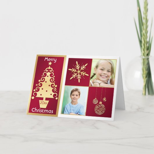 Rood, wit, gouden kerstboom Kaart (Voorkant)
