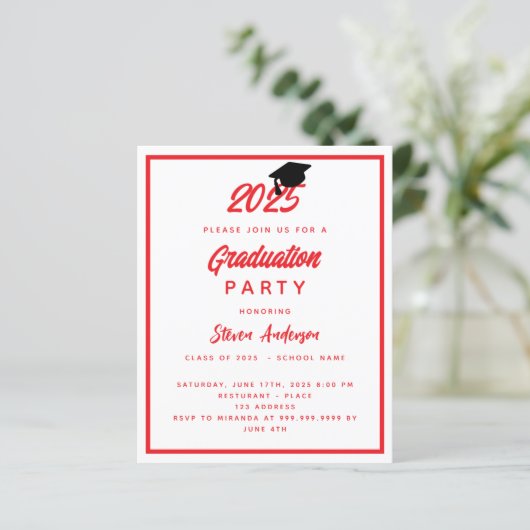Rood wit Graduation Party 2025 uitnodiging (Staand voorkant)