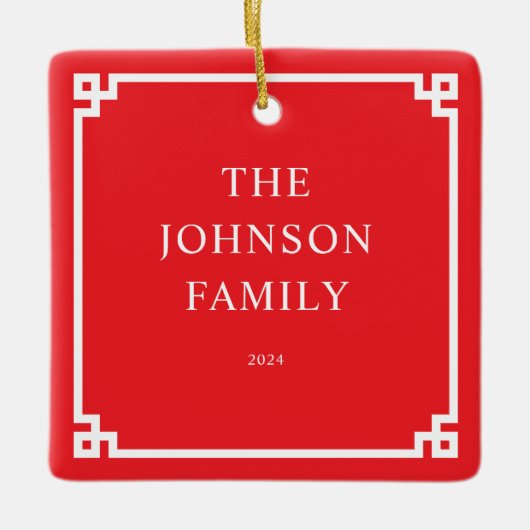 Rood Wit Grieks Sleutel Grens Familie Foto Keramisch Ornament (Voorkant)