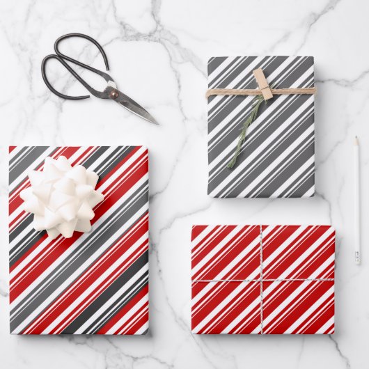 Rood Wit Grijs Candy Cane Stripe Vakantie Inpakpapier Vel (Voorkant)