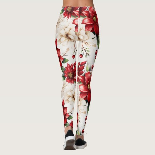 Rood Wit Groen Bloemen Patronen Elegant Groot Chiq Leggings (Achterkant)