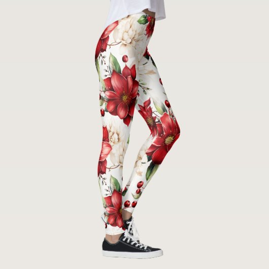Rood Wit Groen Bloemen Patronen Elegant Groot Chiq Leggings (Rechts)