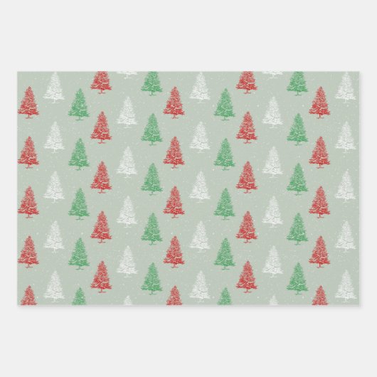 Rood Wit Groen Gestempelde Snowy Kerstbomen Inpakpapier Vel (Voorkant 3)