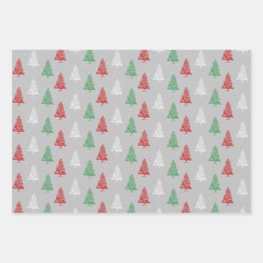 Rood Wit Groen Gestempelde Snowy Kerstbomen Inpakpapier Vel (Voorkant)