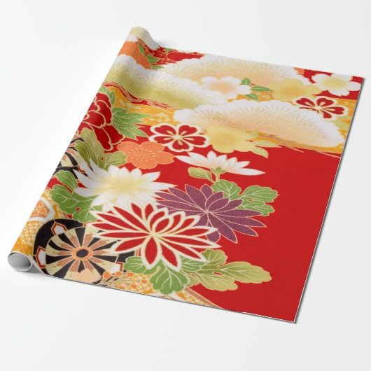 Rood Wit Groen Japans Kimono Bloemen Decoupage Cadeaupapier (Uitgerold)