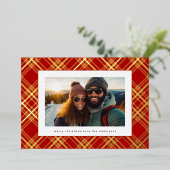 Rood Wit Groen Kerst Gouden Lijnen Plaid Folie Feestdagenkaart (Staand Voorkant)