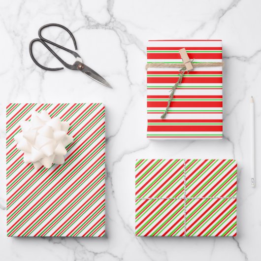 Rood, wit, groen kerststijl strakke strips inpakpapier vel (Voorkant)