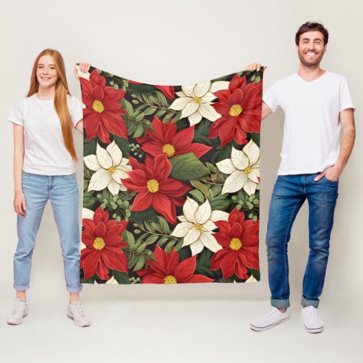 Rood wit groen poinsettia bloemen patroon fleece deken (In situ)