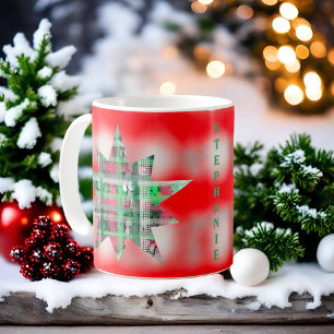Rood wit groen script naam tartan feestelijke ster koffiemok