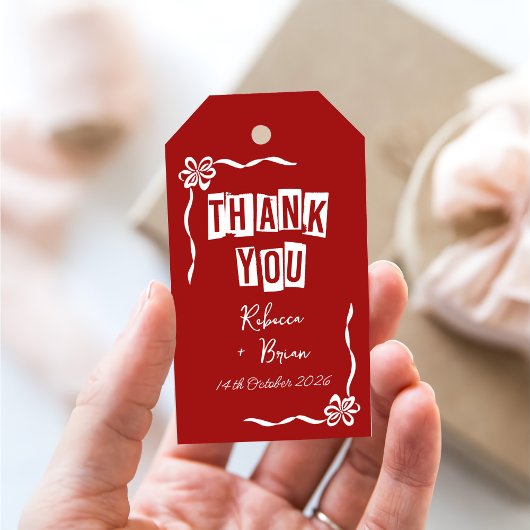 Rood & Wit Hand Getrokken Boog Huwelijk Cadeaulabel