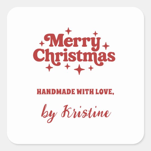 Rood wit handgemaakt door kerstcadeauverpakking vierkante sticker (Voorkant)
