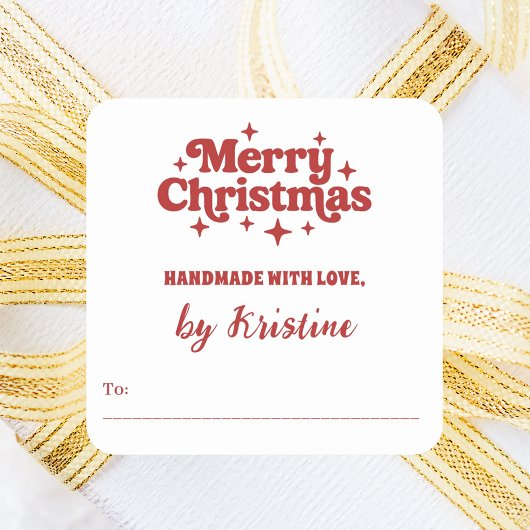 Rood wit handgemaakt door kerstcadeauverpakking vierkante sticker