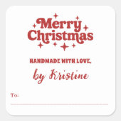 Rood wit handgemaakt door kerstcadeauverpakking vierkante sticker (Voorkant)