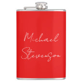 Rood wit handgeschreven minimalistisch Jouw naam Heupfles (Voorkant)