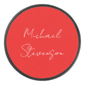 Rood wit handgeschreven minimalistisch Jouw naam Hockey Puck (Voorkant)