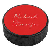 Rood wit handgeschreven minimalistisch Jouw naam Hockey Puck (3/4)