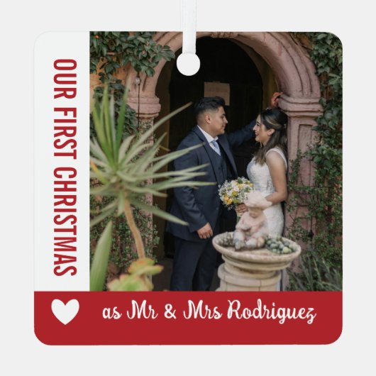 Rood Wit Hart 1e Kerst Mr & Mrs Foto Metalen Ornament (Achterkant)