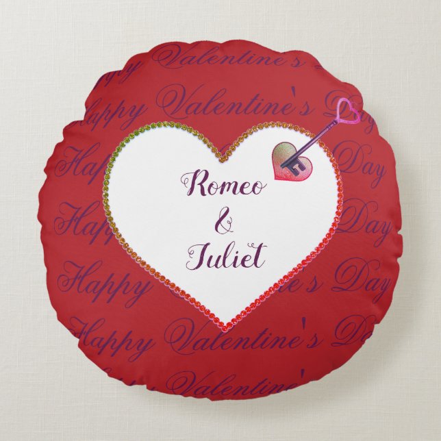 Rood Wit Hart Elegante  Valentijnsdag Rond Kussen (Voorkant)