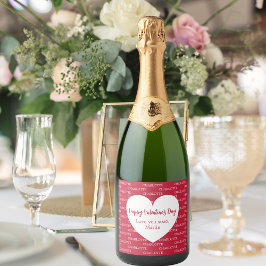 Rood wit hart naam Valentijnsdag Sparkling Wijnetiket