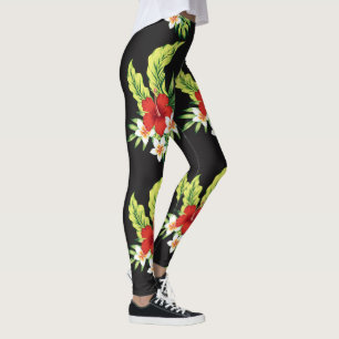 Rood & Wit Hawaiiaans Hibiscus Patroon Leggings