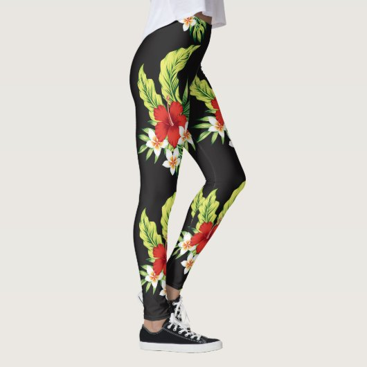 Rood & Wit Hawaiiaans Hibiscus Patroon Leggings (Rechts)