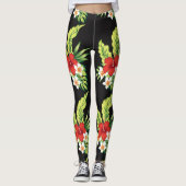 Rood & Wit Hawaiiaans Hibiscus Patroon Leggings (Voorkant)