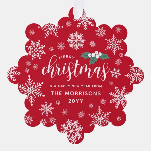 Rood Wit Holly Sneeuwvlokken Vrolijk Kerstmis Foto Ornament Kaart (Voorkant)