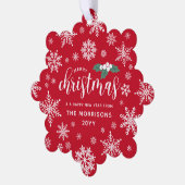 Rood Wit Holly Sneeuwvlokken Vrolijk Kerstmis Foto Ornament Kaart (Links)