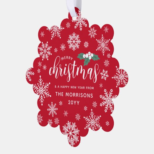 Rood Wit Holly Sneeuwvlokken Vrolijk Kerstmis Foto Ornament Kaart (Links)